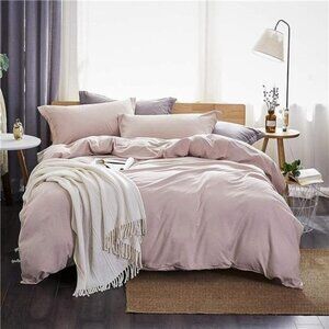 Duvet Cover Queen,Washed Microfiber Pink Queen Size Duvet Cover Set,Solid Color